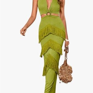Green Maxi Dress with Fringe Details